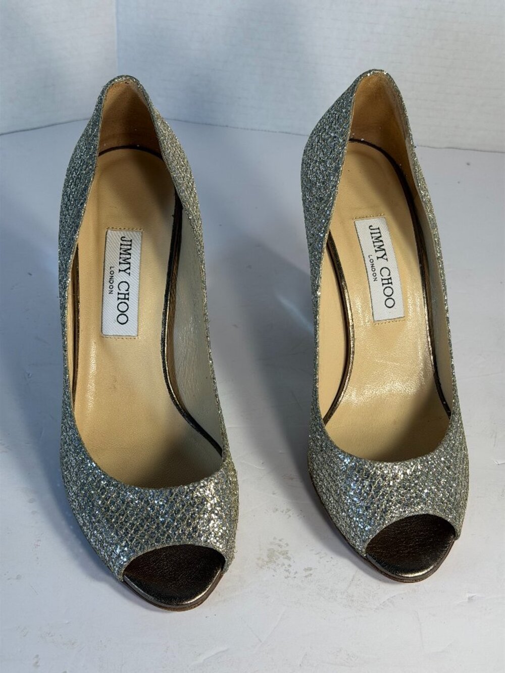 Womens Sparkling silver Jimmy Choo peep toe wedge Size 9